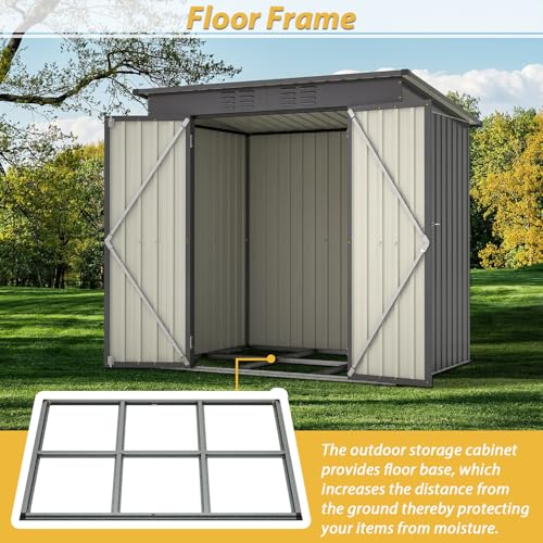 6x4 ft Small Outdoor Metal Storage Shed with Floor Frame & Lockable Door, Heightened Entry Garden Tool Shed for Backyard, Durable Galvanized Steel