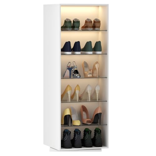 Rotating Shoe Rack with Sensor Light, Spinning Shoe Rack Tower with Glass Shelves, 360°Revolving Shoe Storage Organizer Lazy Susan Shoe for Entryway