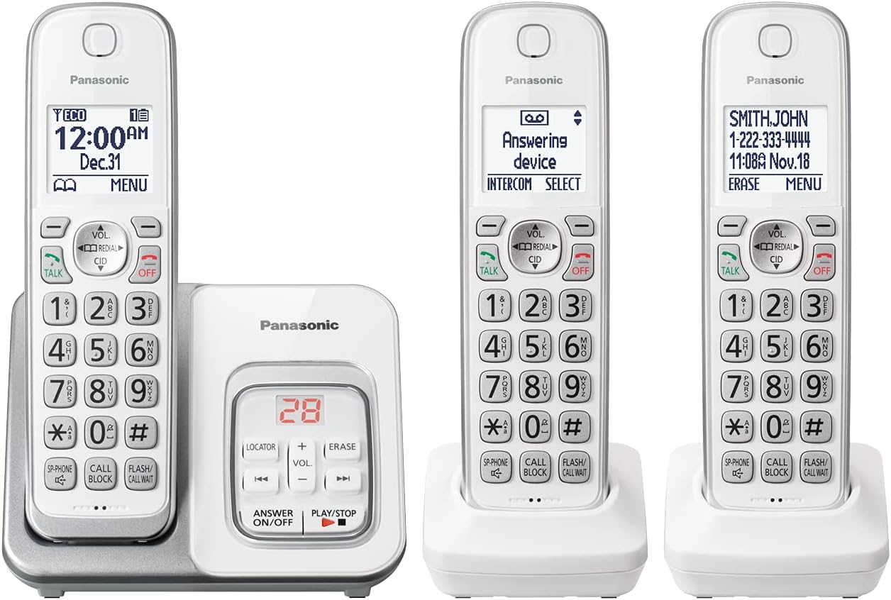 Panasonic Expandable Cordless Phone System with Answering Machine and Call Block - 3 Cordless Handsets - KX-TGD633W (White/Silver)