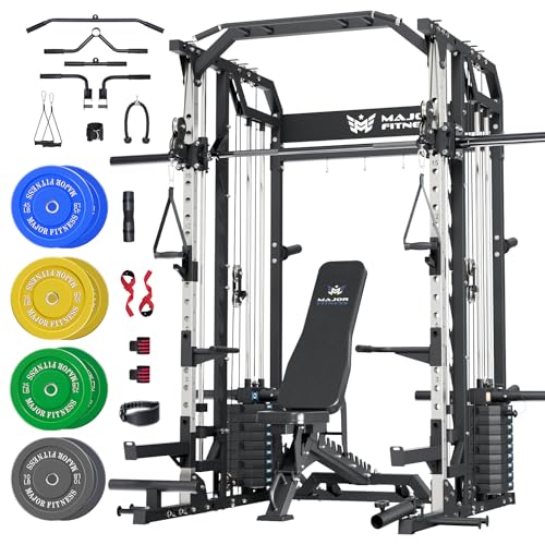 Major Fitness Drone2 Advanced Training Smith Machines– All-in-One Home Gym Squat Rack with Aluminum Pulley Set , Weight Bar