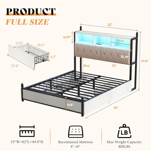 AMERLIFE Full Size Bed Frame with Bookcase Headboard, 4 Storage Drawers, Wooden Platform Bed with Charging Station & LED Light, No Box Spring Needed