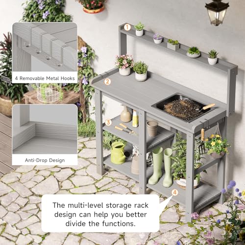Potting Bench, Outdoor Potting Bench Table with Removable Sink, HDPS Potting Benches for Outside, Garden Table with Storage Shelves & 4 Side Hooks