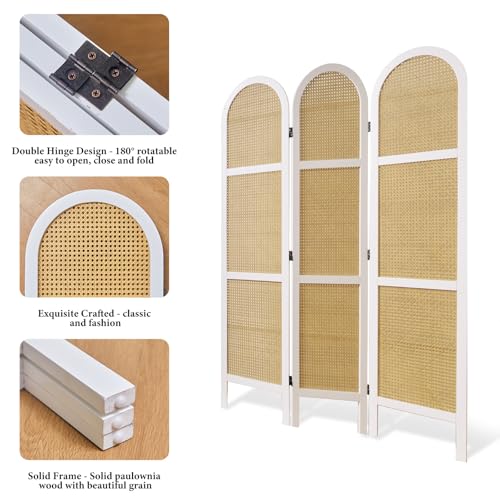 Room Divider and Folding Privacy Screens, Pine Wood 5.6 Ft Double Hinged Rattan Partition Freestanding Wall Room Divider for Home - 3 Panels