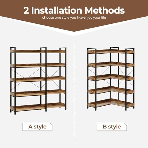 Rolanstar Bookshelf 5 Tier with 4 Hooks, Reversible Corner Bookshelf