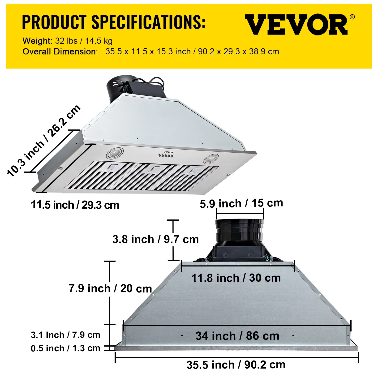 VEVOR Insert Range Hood, 800CFM 3-Speed