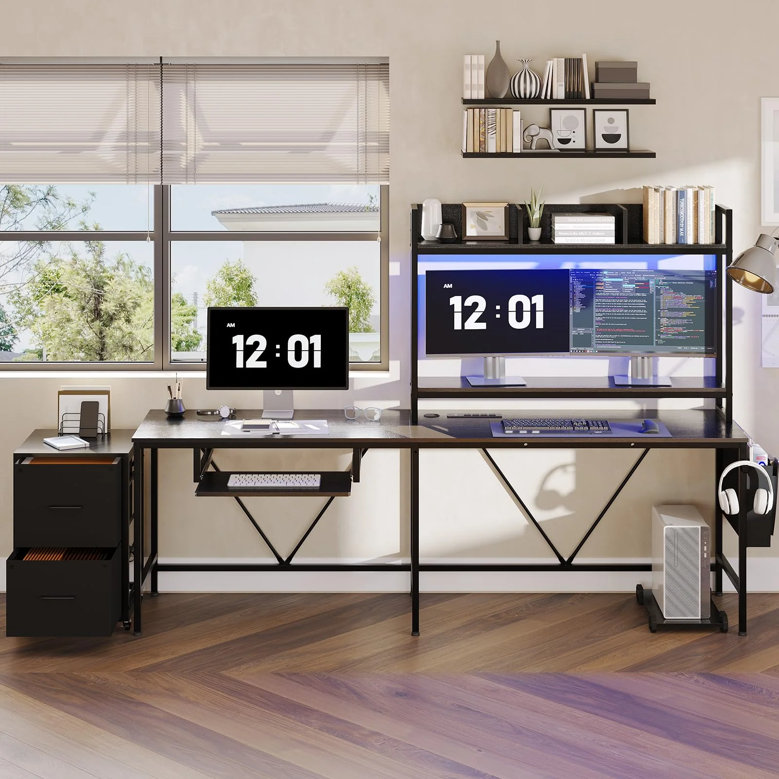 Black 55" Reversible Corner Computer Desk with Storage Shelf,L Shaped Gaming Desk with Power Outlet & Led Strip,Keyboard Tray and Headphone Hook