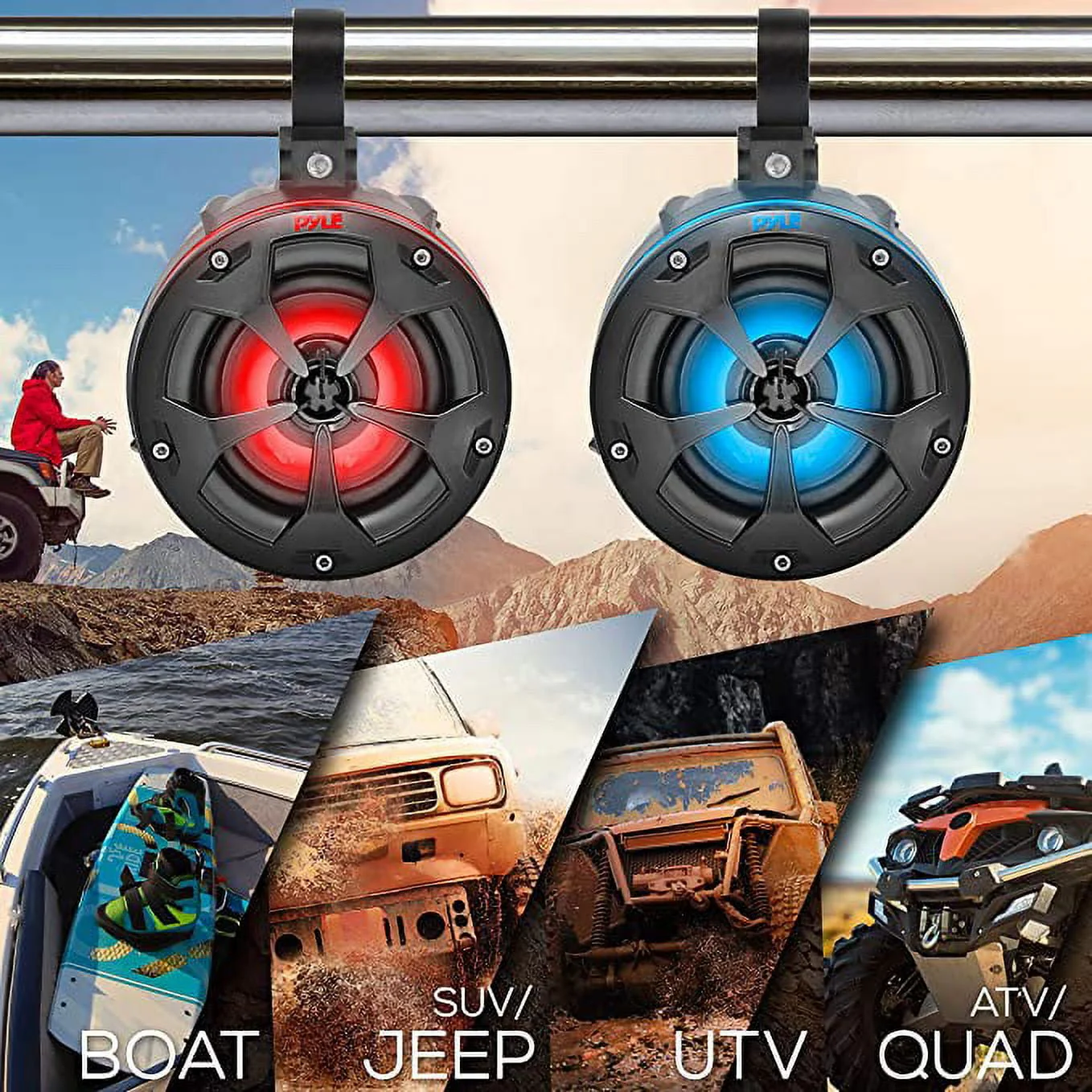 Pyle 2-Way Waterproof Off Road Speakers 4 800W Passive Marine Grade Wakeboard Tower RGB Speakers