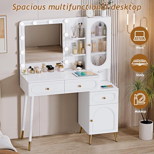Vanity Desk with Mirror and Lights, with Power Outlet and 10 Lights Modern Capacity Makeup Vanity with 3 Drawers, Makeup Table for Bedroom