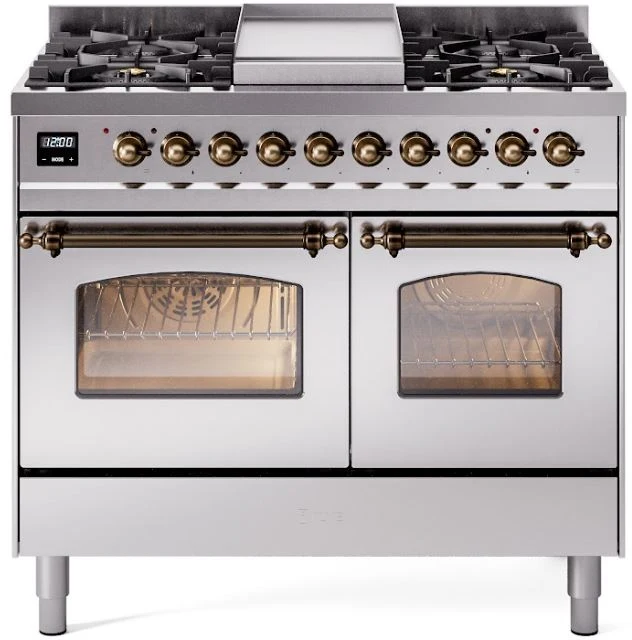 ILVE Nostalgie II 40 Dual Fuel Propane Gas Range in Stainless Steel with Bronze Trim, UPD40FNMPSSBLP