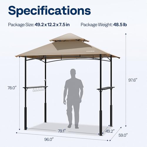 VIVOHOME 8&times;5 ft Grill Gazebo Outdoor BBQ Patio Canopy Tent with Double Tiered Vented Top & 2 Side Shelves, Beige