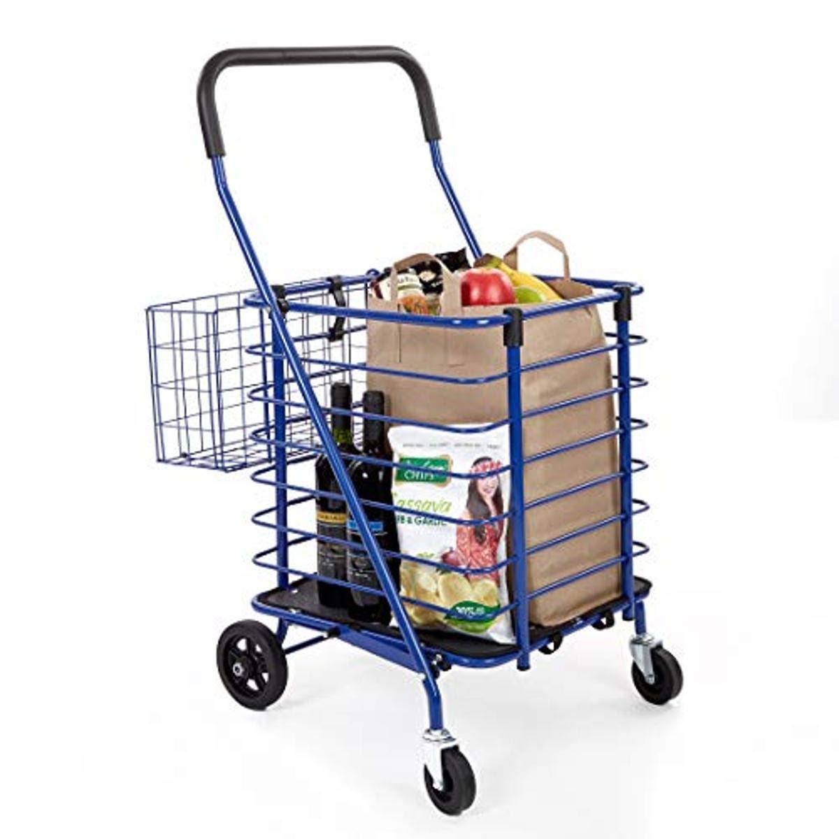Seville Classics Folding Rolling Steel Wire Basket Trolley Grocery Shopping Cart, Blue