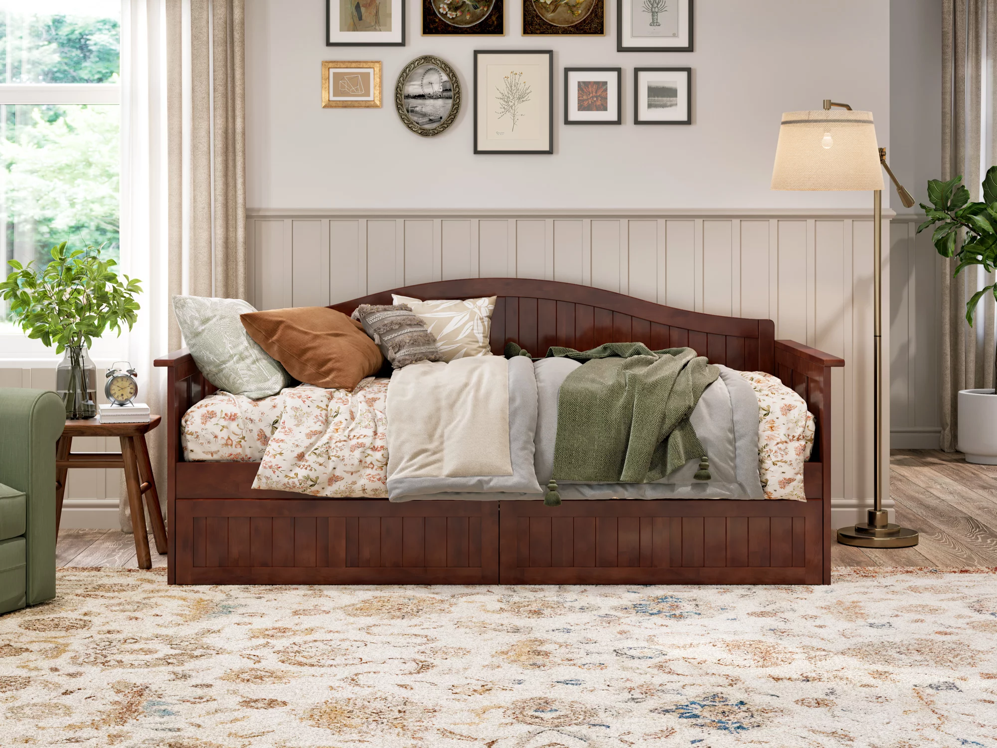 AFI Nantucket Wood Twin Size Daybed Frame with 2 Storage Drawers Walnut