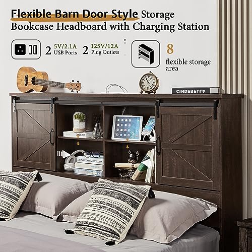 VanAcc Full Size Bed Frame, Wooden Platform Storage Bed with 51.2" Bookcase Headboard, 2 Drawers