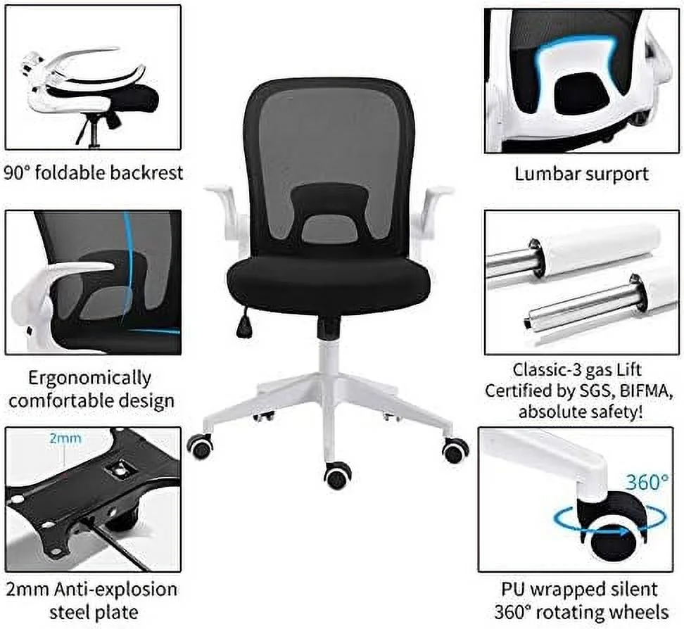 Office Desk and Chair Set  Breathable Mesh Computer Chair and JOMA Glass Top Computer Desk with Metal Frame  Flip-Up Arms Foldable Backrest Rolling