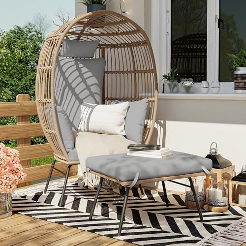 Oversized Wicker Egg Chair with Ottoman, Patio Lounge Chairs with Thick Cushion, Rattan Egg Basket with Steel Frame for Indoor/Outdoor, Porch