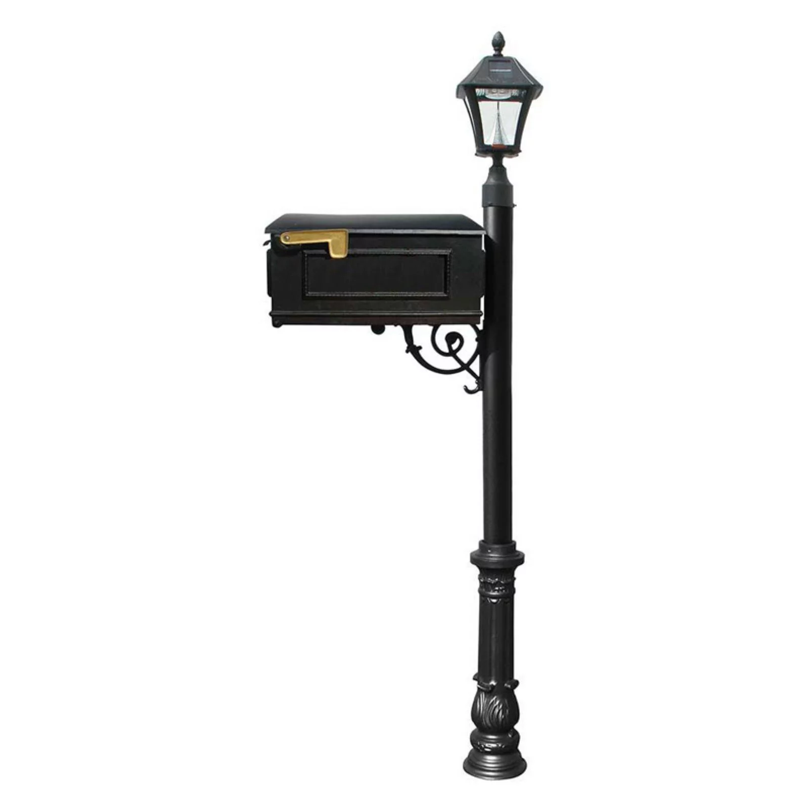Lewiston  Mailbox Post System with Ornate Base & Bayview Solar Lamp & 3 Cast Plates - Bronze