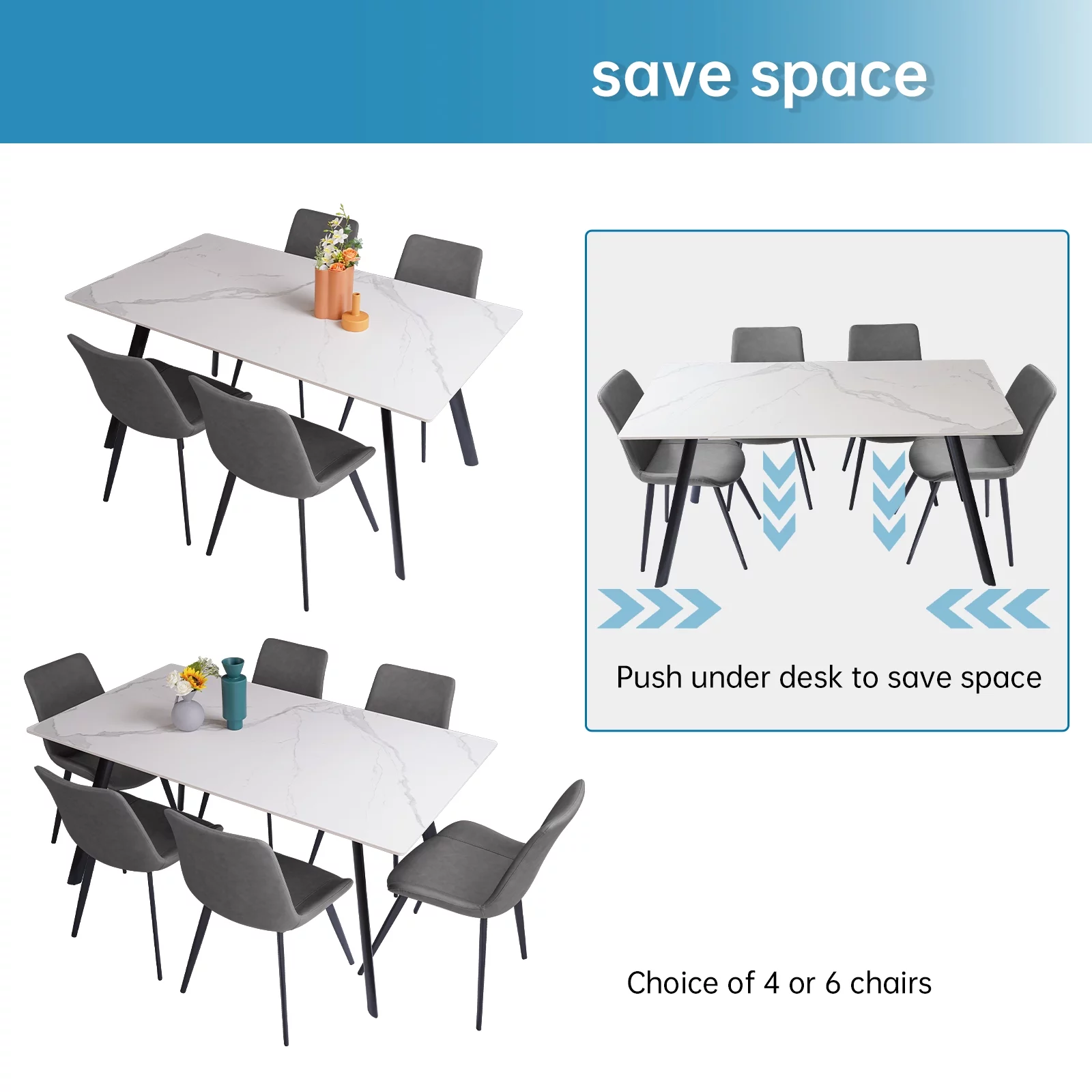 7 Piece Dining Table Sets,Stable Sintered Stone & Leather Modern Dining Chairs Set of 6(1Table with 6 GreyChairs)