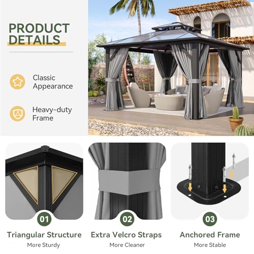 Aoxun 12'x10' Hardtop Gazebo, Aluminum Frame Permanent Pavilion with Curtains and Netting, Outdoor Polycarbonate Double Roof Canopy