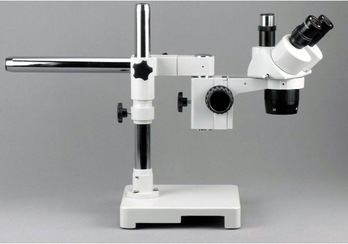 AmScope SW-3T24X Trinocular Stereo Microscope, WH10x Eyepieces, 10X/20X/40X Magnification, 2X/4X Objective, Single-Arm Boom Stand