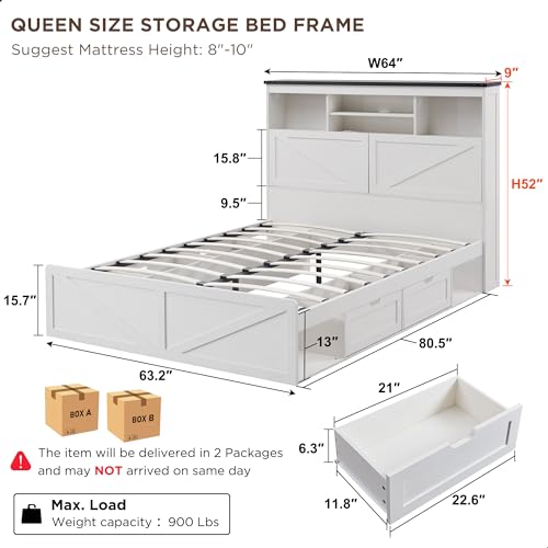 Queen Size Wood Bed Frame Farmhouse with 52" Tall Storage Bookcase Headboard, LED Light,Charging Station,4 Drawers and Solid Wood Slats Support