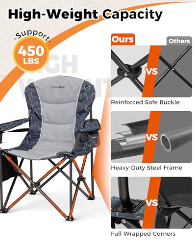 KingCamp Oversized Camping Folding Chair, Heavy Duty 450 LBS with Lumbar Support, Padded Outdoor Chair with Cup Holder