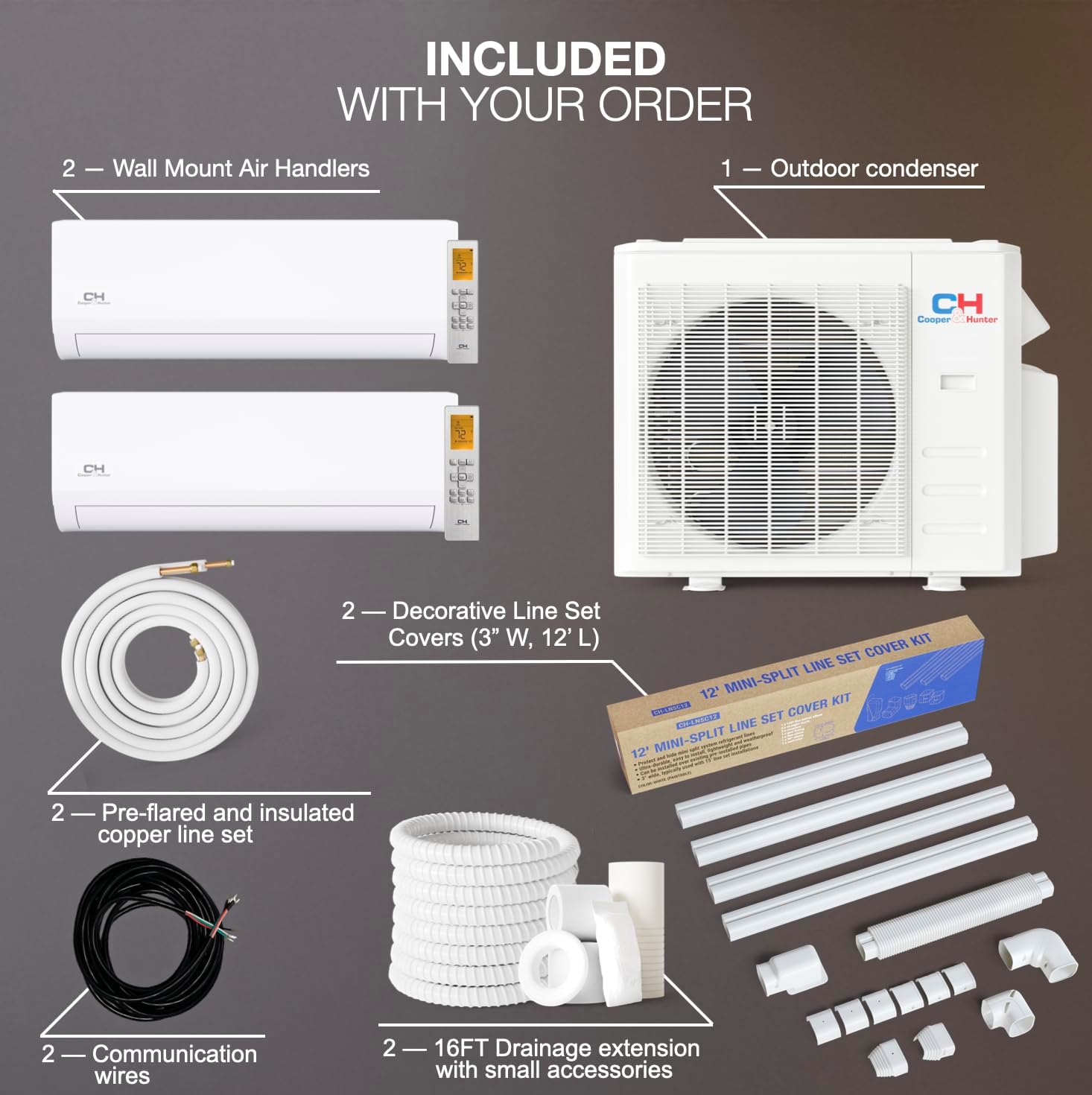 Cooper & Hunter 18,000 BTU Dual 2 Zone 9,000 + 9,000 BTU Mini Split AC/Heating Wall Mount System Including Installation Kits, Smart Kit