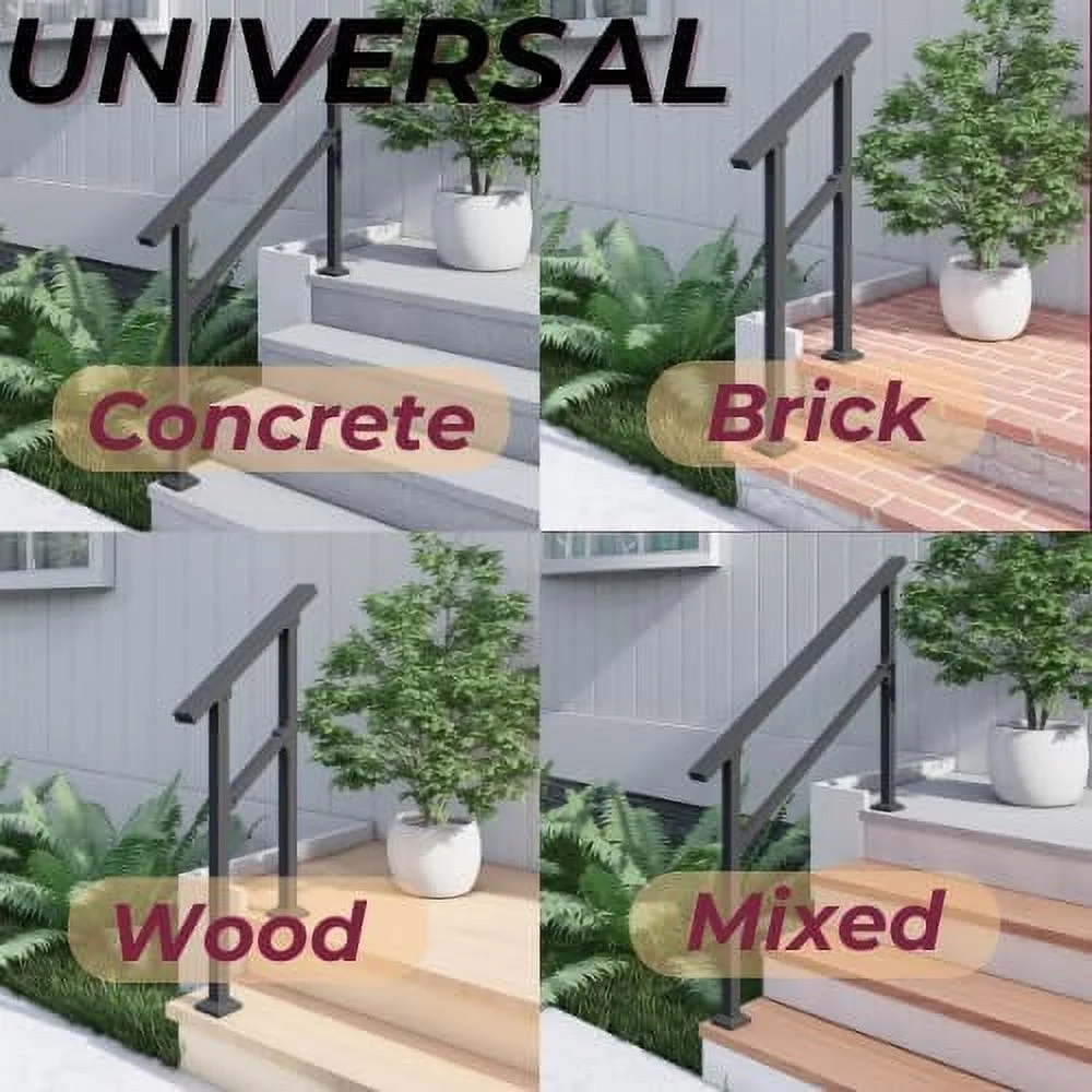 CHR 4 Steps Outdoor Handrails for Outdoor Steps, Black Wrought Iron Hand Rail Stair Railing Kit (3-4 Steps Handrail) - Curated Treasures Market