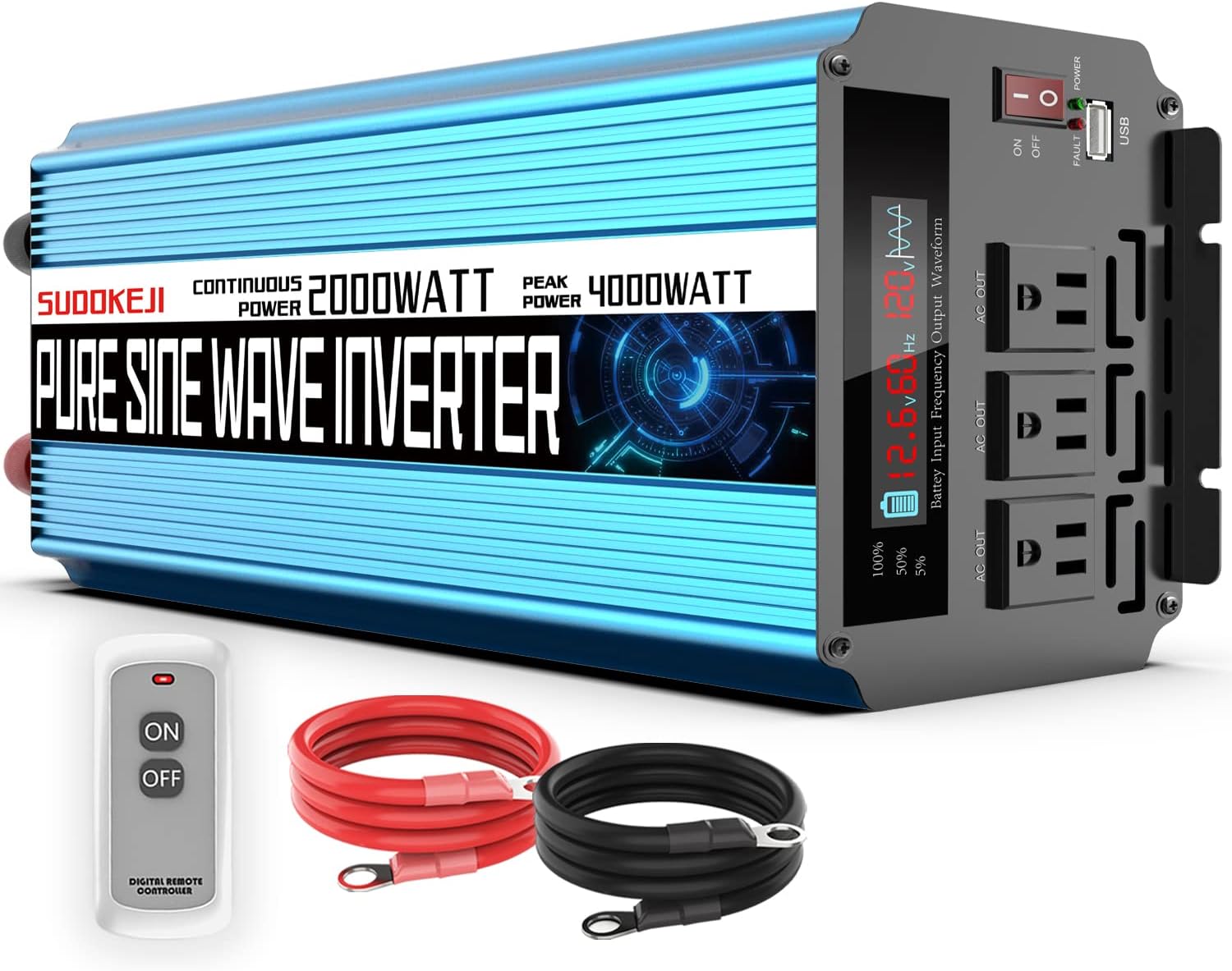 2000W Pure Sine Wave Power Inverter 12V DC to AC 110V/120V Converter for Home, RV, Solar Inverter 12V to 110V, 3 Outlet Car Inverter