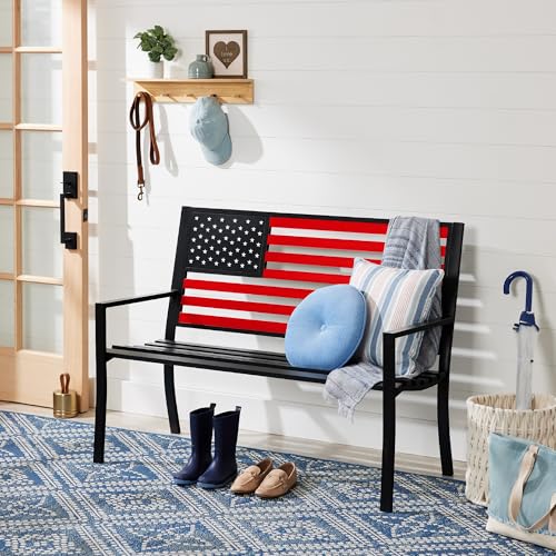 Best Choice Products Outdoor Bench 2-Person Steel Indoor/Outdoor Bench for Garden, Patio, Porch, Entryway w/American Flag, 790lb Capacity – Black