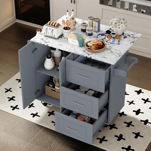4 EVER WINNER Rolling Island with Storage and Drop Leaf, Marble Tabletop, Kitchen Carts on Wheels with Towel Rack & Spice Rack