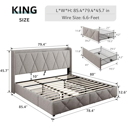 iPormis Queen Bed Frame with 4 Storage Drawers, Upholstered Platform Bed Frame with Charging Station, Modern Wingback Storage Headboard