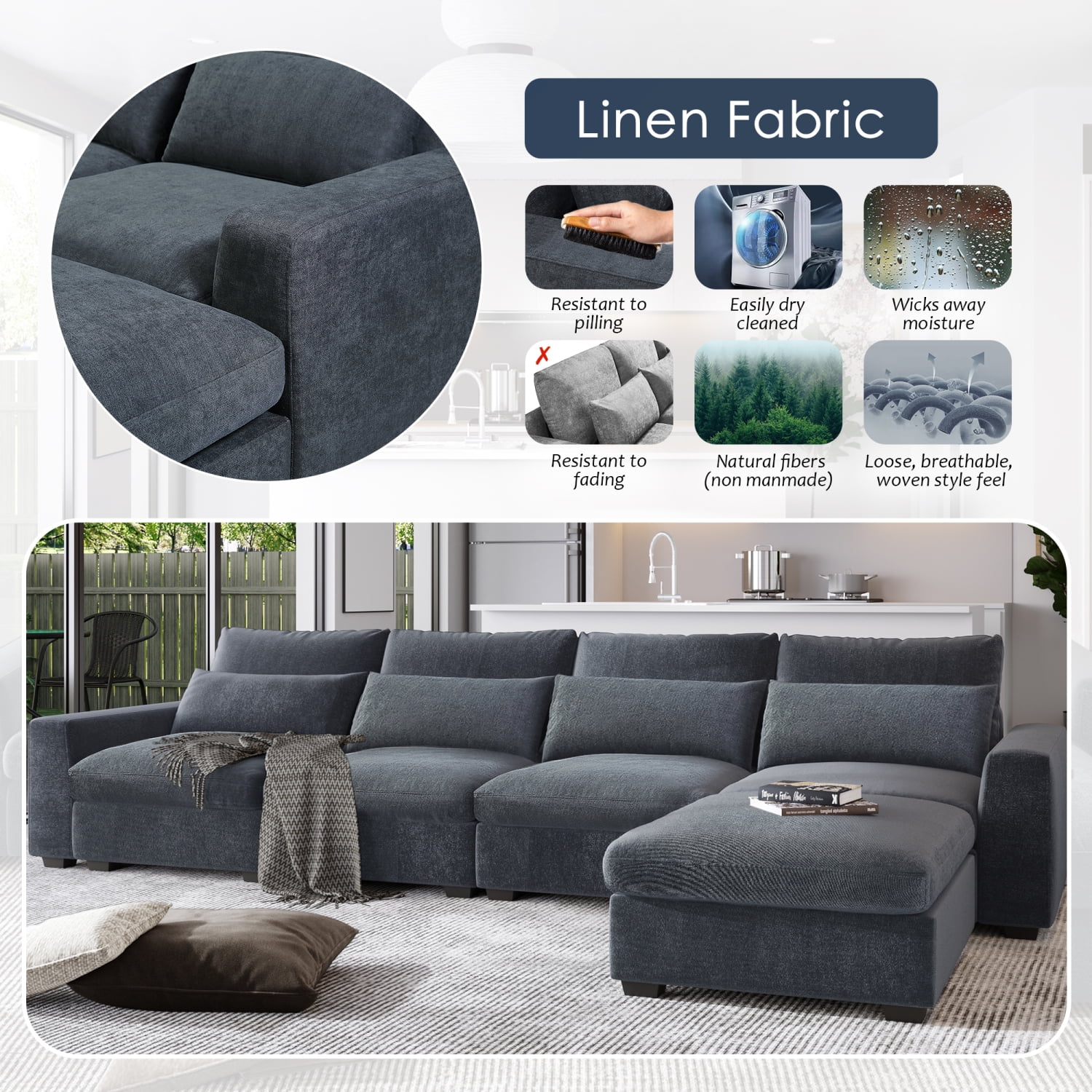 THINK 30, Dark Gray,5 Seat,Modern Large L-Shape Feather Filled Sectional Sofa,Convertible Sofa Couch with Reversible Chaise for Living Room
