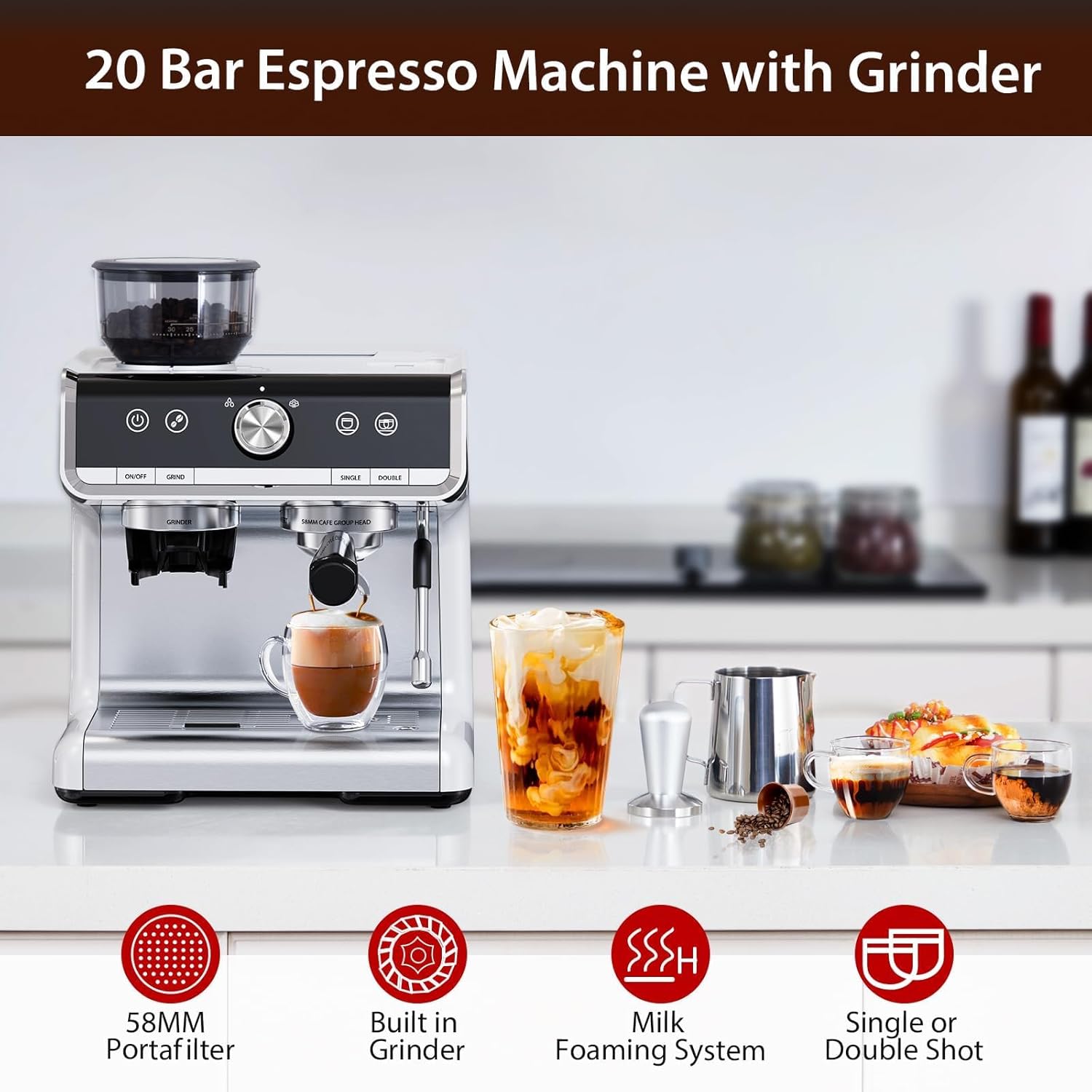 Espresso Machine with Grinder - Brushed Stainless Steel, Espresso Coffee Maker with Milk Frother, For Home Barista
