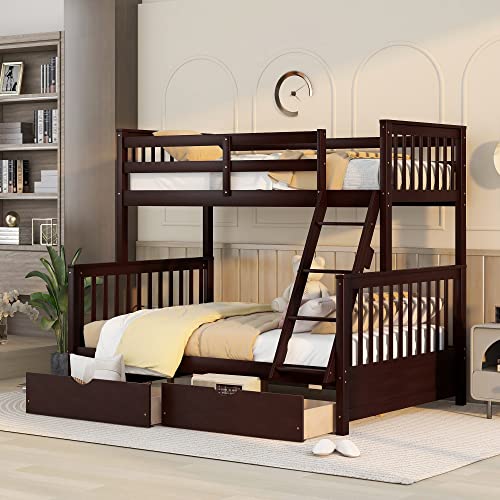 Ball & Cast Full Over Full Bunk Bed with Twin Size Trundle and Built in 4 Drawer,Wood Bunkbed w/Storage Ladder & Slat Support