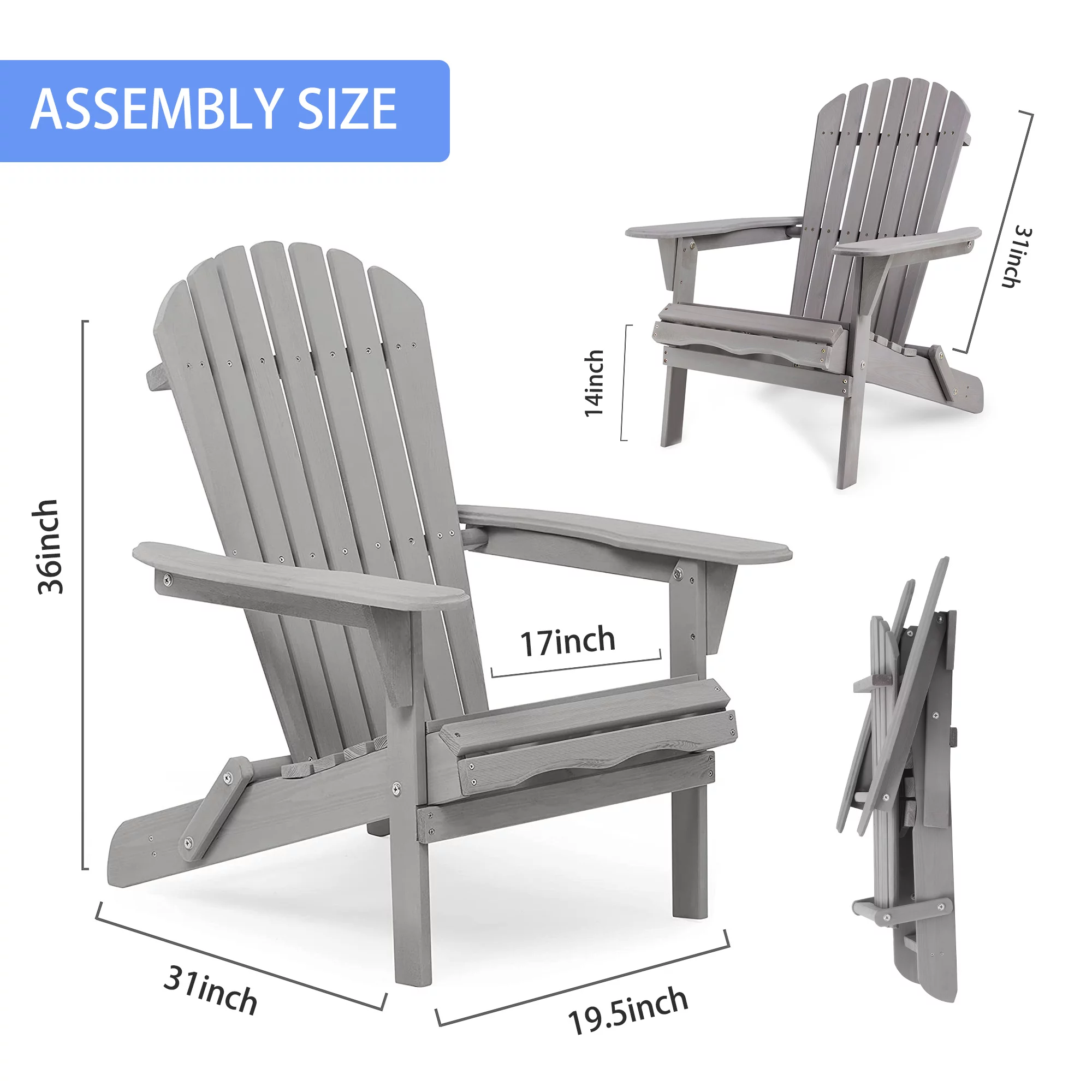 Outdoor Adirondack Chairs, Seizeen Wooden Folding Adirondack Chair Set of 2, Patio Furniture Set Lounge Chairs Quick Assembled