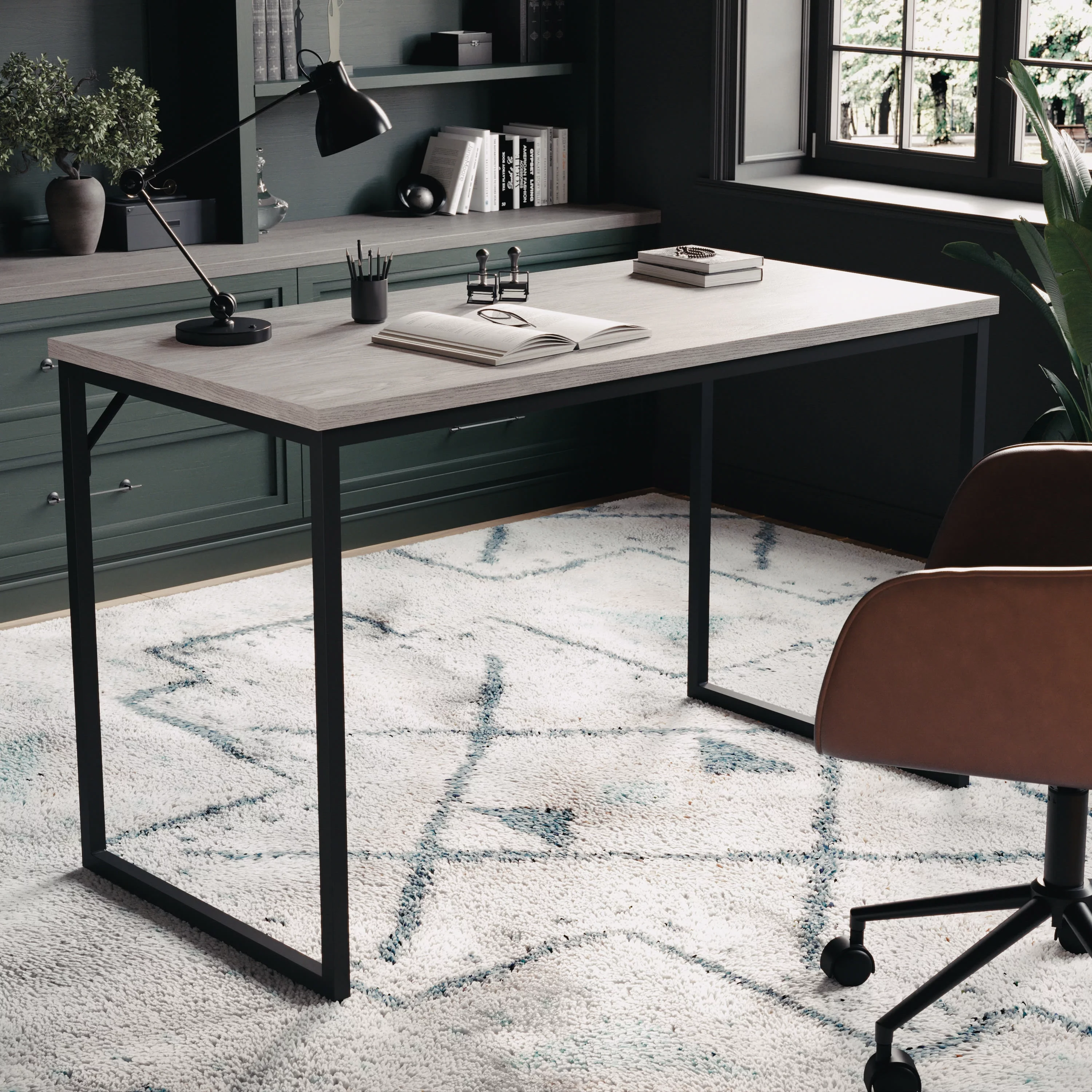 Martha Stewart Noah Home Office Parsons Desk in Gray Wood Grain with Oil Rubbed Bronze Metal Frame