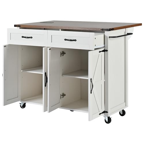 Kitchen Island Cart With Power Outlet, 2 Doors, Drop Leaf, Spice Rack, 2 Drawers - Rolling Storage Cart on Wheels for Home and Dining Room - White