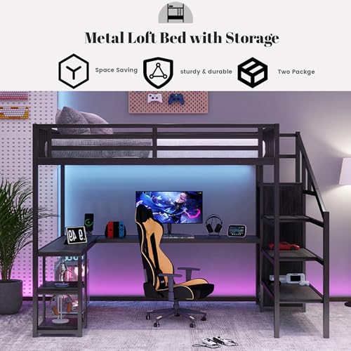 Full Size Loft Bed with Desk and Stairs, Heavy-Duty Steel Loft Bed Frame with Wardrobe & LED Light
