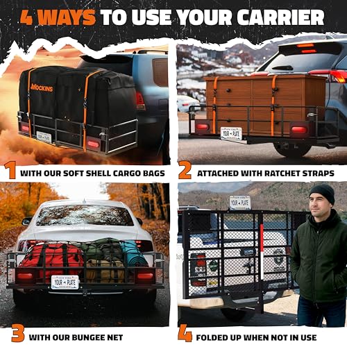 Mockins XL 66"x30"x14" High Rail Folding Hitch Cargo Carrier w/ 45 CuFt Trailer Hitch Cargo Carrier Bag | 500Lbs Cap Luggage Rack for SUV Car & Truck