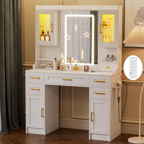 NUNU LAB 42 Inchs Large Vanity Desk with Mirror and Lights with 6 Drawers and 4 Cabinets, Big Women Makeup Table with Power Outlet