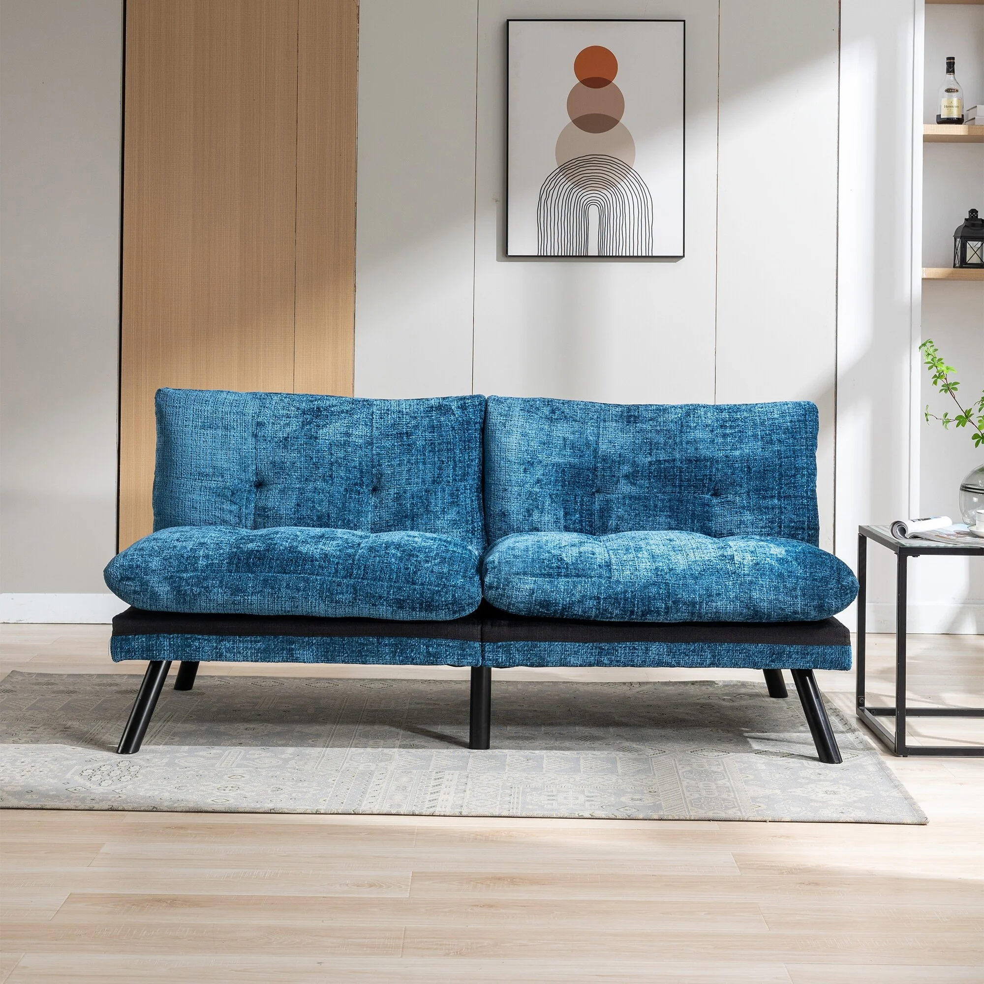 Adjustable Lounge Couch Convertible Sleeper Loveseat Chenille Fabric Futon Sofa Bed with Armless Reclining Sofa Settee, Blue