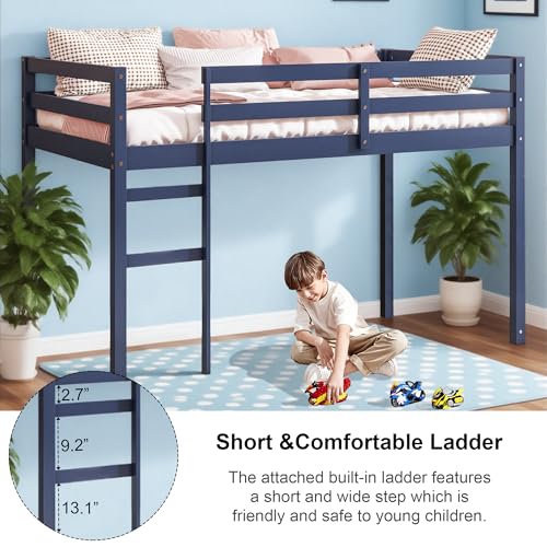 Low Loft Bed Twin Size, Kids Solid Wood Modern Loft Bed Frame with Ladder and Safety Guardrail for Girls Boys, Noise-Free,Non-Toxic Finishes