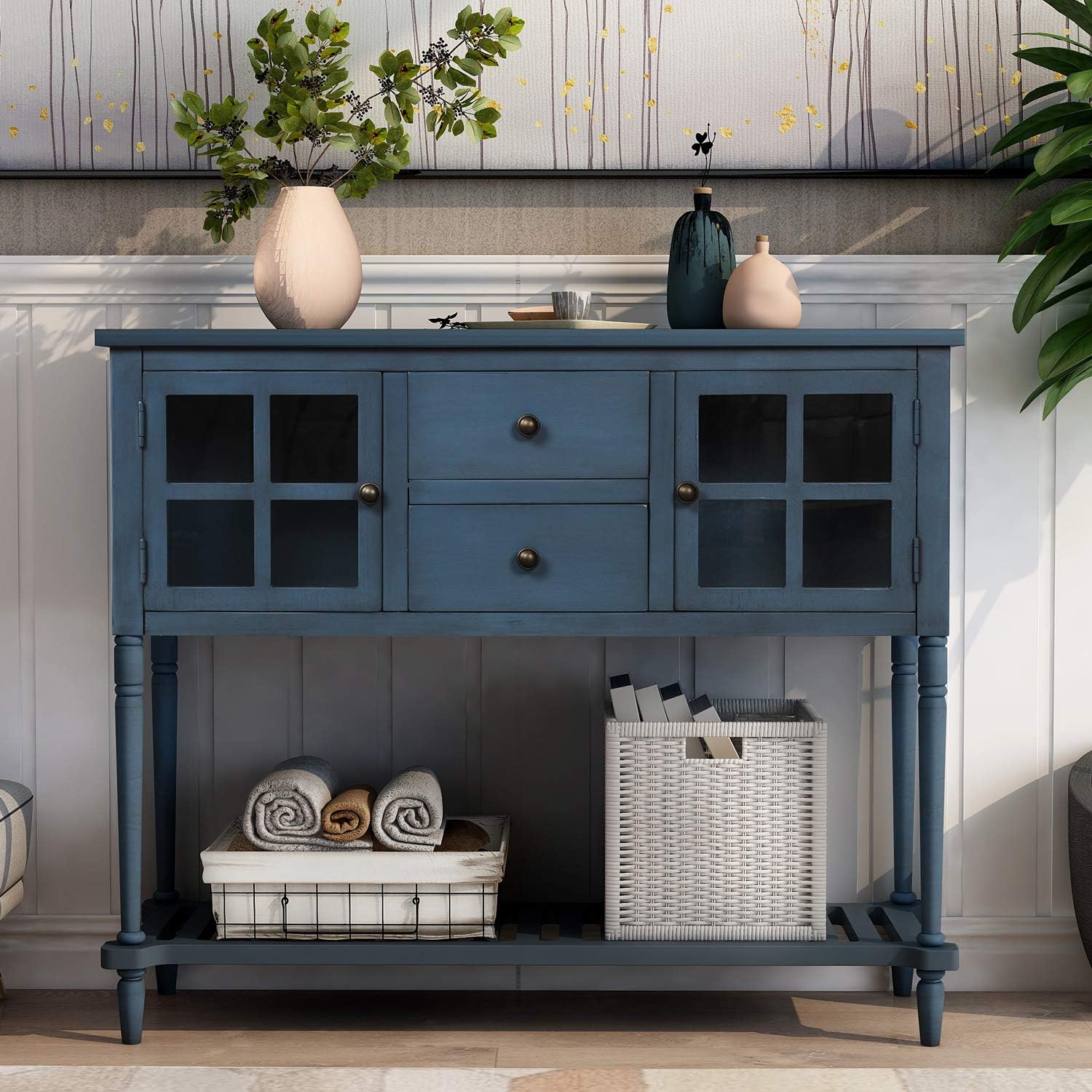 Knocbel 42 Inch Antique Console Table with Glass Doors, Drawers and Bottom Slatted Shelf
