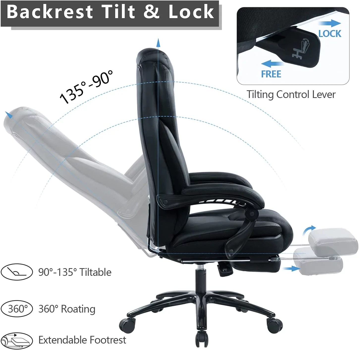 Big and Tall Office Chair 400lb for Heavy People with Double Padded Memory Foam Seat Cushion Leather Executive Office Chair with Lumbar Support and