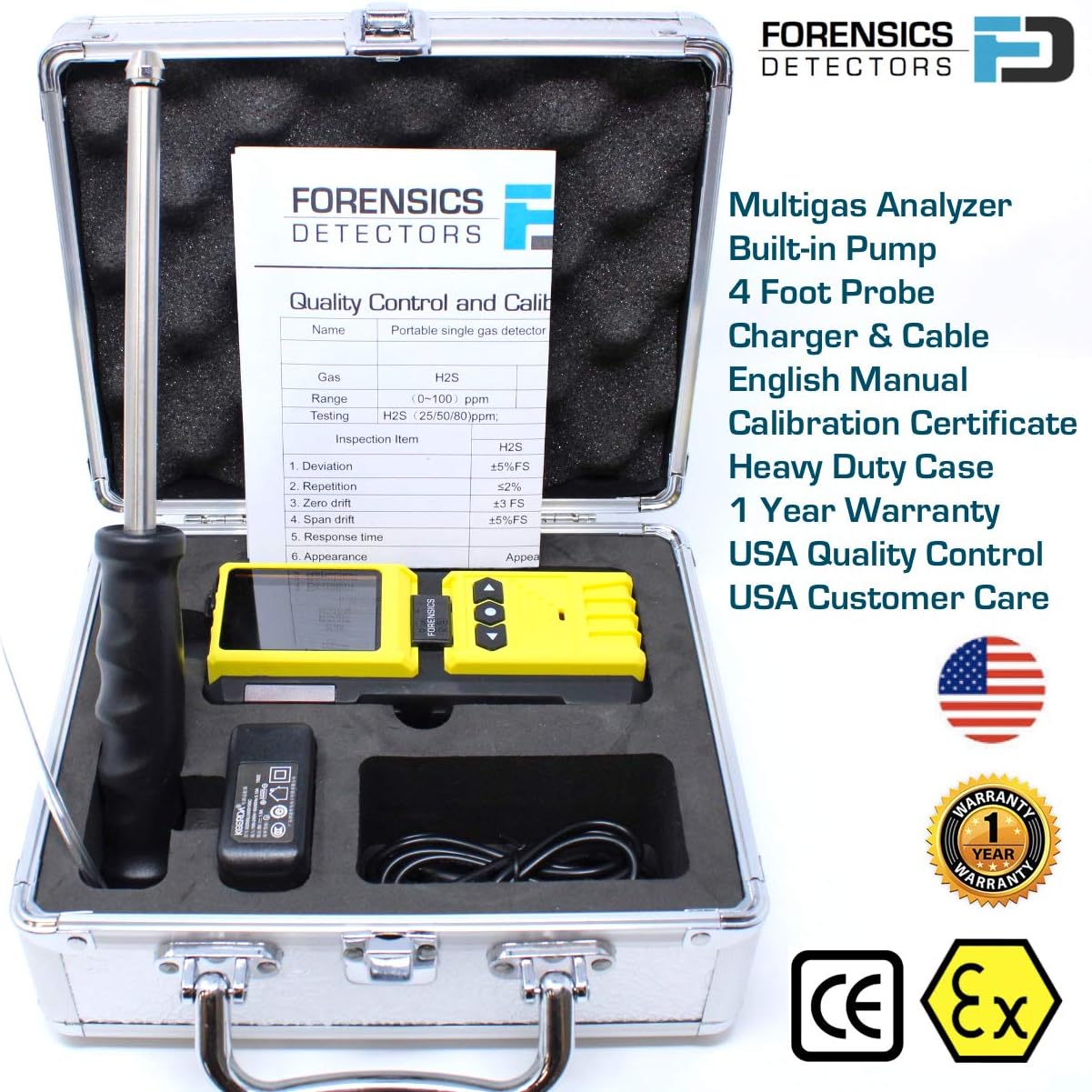 4 Gas Monitor by Forensics | Built-in Pump Multi Gas Meter | O2, CO, H2S