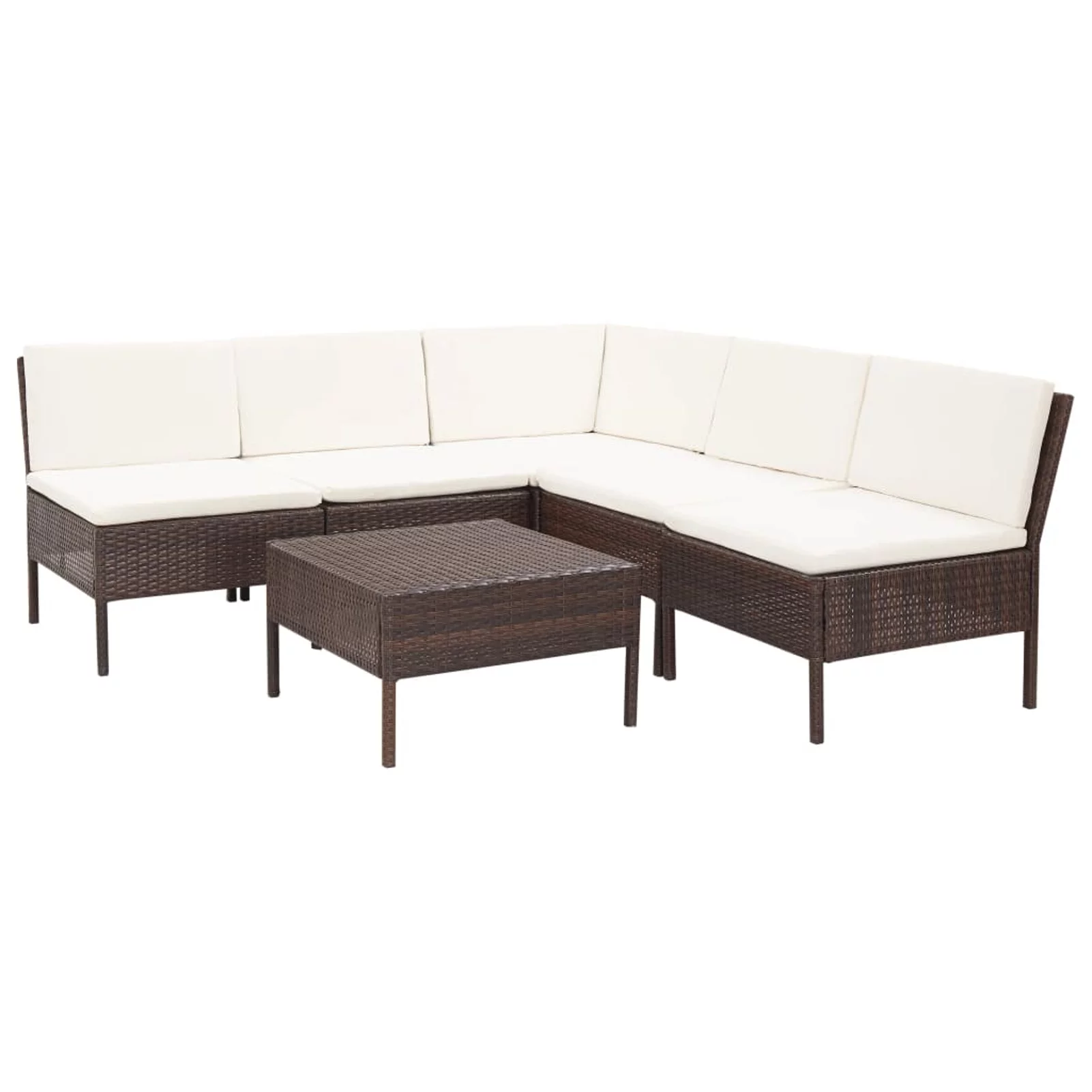 Dcenta 6 Piece Outdoor Conversation Set White Cushioned Corner with 4 Center Sofas and Coffee Table Brown Poly Rattan Patio Sectional Set for Garden