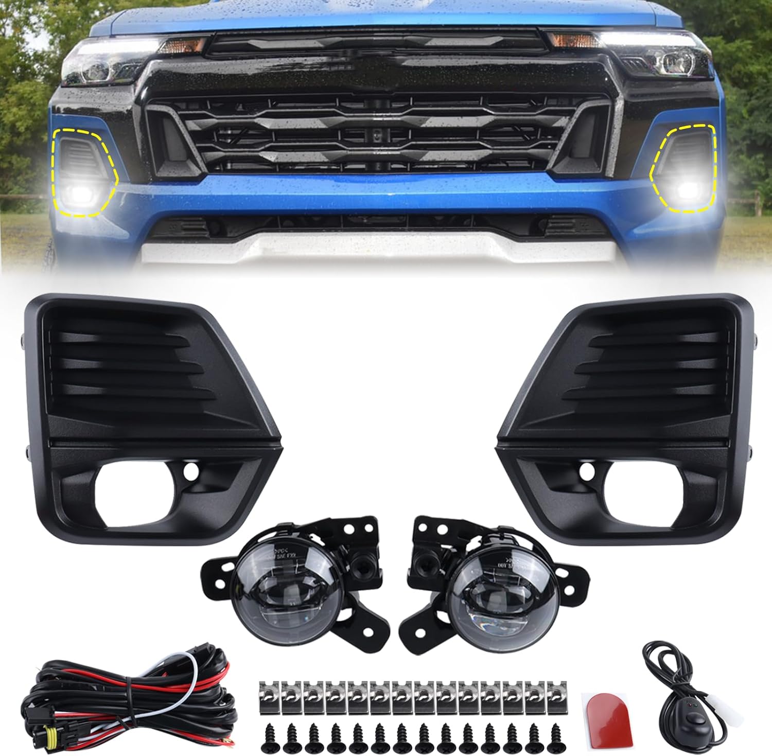 LED Fog Light Set 5pcs Compatible for 2023 2024 Chevrolet Colorado Front Bumper Lamp Assembly With Wire Harness Bulbs Cover Bezels 42737706 42737708