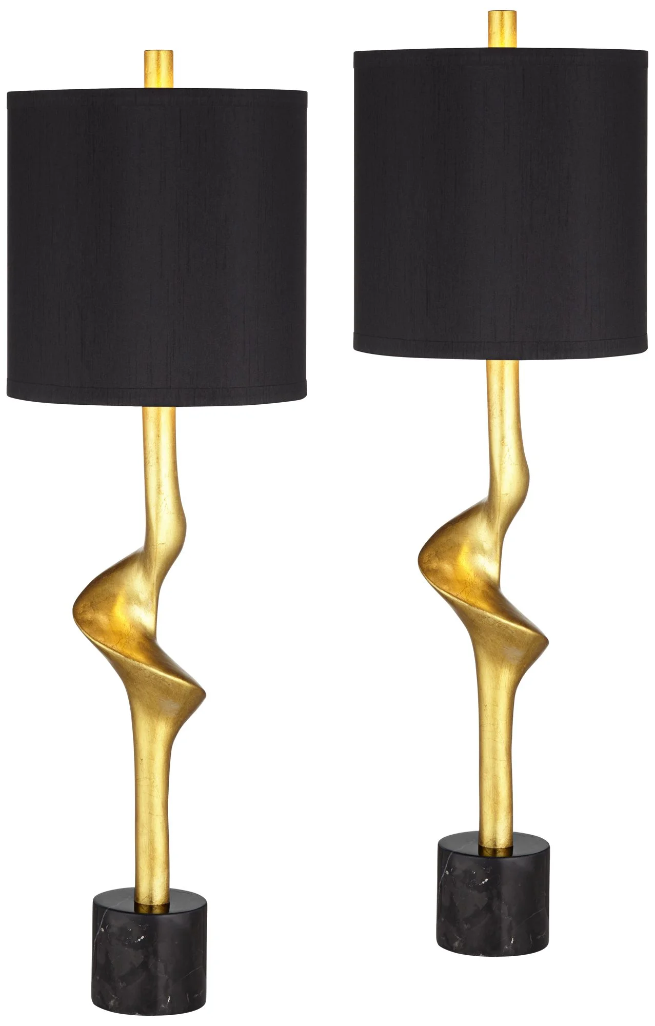 Possini Euro Design Minerva 32" Tall Large Modern Glam End Table Lamps Set of 2 Gold Leaf Black Shade Living Room Bedroom Bedside
