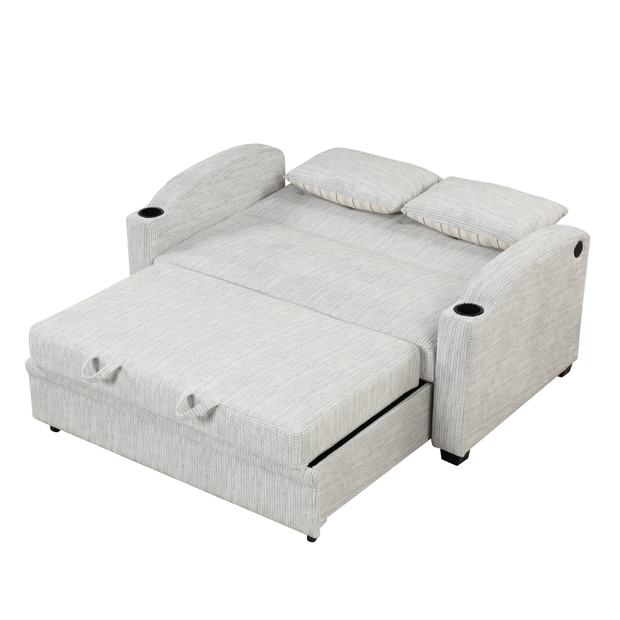65" Pull Out Sofa Bed Modern Chenille Convertible Loveseat Sofa with Adjsutable Backrest, 2 Pillows, Cup Holders, USB Ports for Living Room