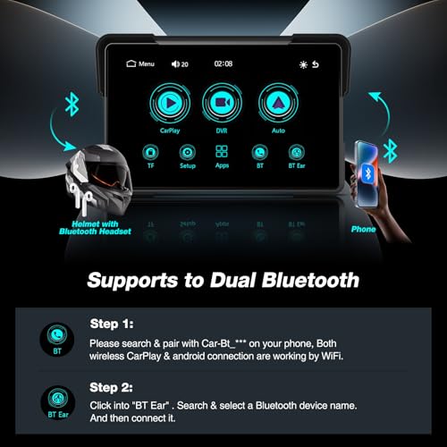 7 Inch Portable CarPlay for Motorcycle, Waterproof Touchscreen Wireless Car Play Android Auto Screen GPS Navigation for Motorbike